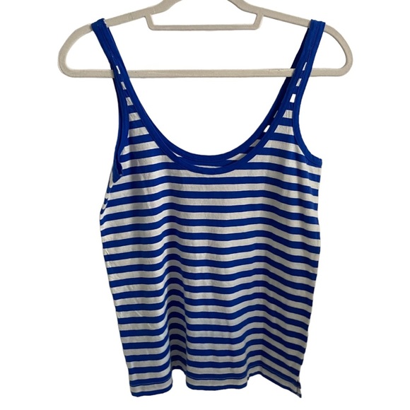 J crew Blue Striped Tank Top Sequin beaded Palm Leaf detail XS Scoop Linen White - Picture 6 of 10